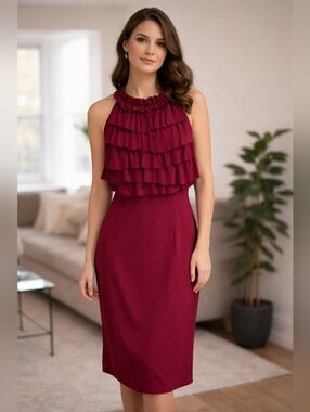 Sleeveless Red Ruffle Neck Dress - David Dixon - Size L